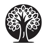 A stylized, black and white graphic of a tree, featuring intricate, stylized leaves and branches. vector