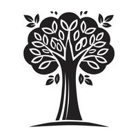 black and white graphic depicts a tree with a full canopy of leaves. vector