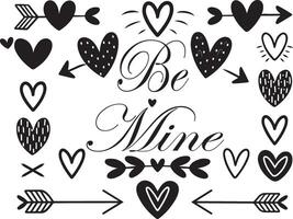 A collection of decorative design elements for a Valentine's Day poster, banner, or card design. There are hearts with arrows With Be Mine text. vector