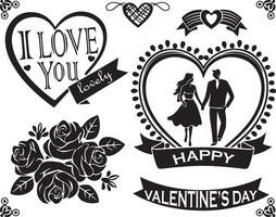 Set of a black and white illustration of decorative design elements for a Valentine's Day poster, banner, or card design. With couple silhouette, flower, heart shape pattern. vector