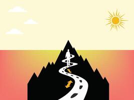 A silhouette of a person walking up a mountain path. Life motivation. vector