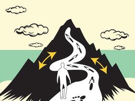 A silhouette of a person walking up a mountain path. Life motivation flat illustration. vector