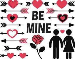 A collection of decorative design elements for a Valentine's Day poster, banner, or card design. There are hearts with arrows, the text Be Mine, a couple holding hands, and a single red rose. vector