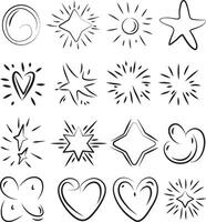 Collection of Doodle line sparkle, burst lines, and sparkle star icon illustration. Perfect for design, decoration, and creative projects with various shapes vector