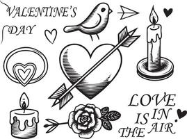 Set of a black and white illustration of decorative design elements for a Valentine's Day poster, banner, or card design. With bird , heart line, candle, flower etc. vector
