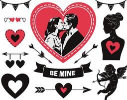 A collection of decorative design elements for a Valentine's Day poster, banner,card There are hearts with arrows, Be Mine text,couple kissing and a cupid with a bow and arrow. Black and red color. vector