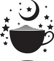 Cup of tea silhouette illustration icon t-shirt design, Print design illustration with star and halfmoon doodle. vector