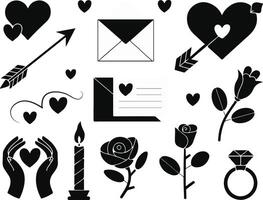 Set of a black and white illustration of decorative design elements for a Valentine's Day poster, banner, or card design. vector