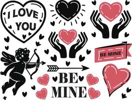 A collection of a decorative design elements for a Valentine's Day poster, banner, card.There are hearts with arrows, a cupid with a bow and arrow. Black and red color. vector