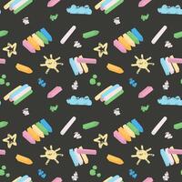 Chalk and crayons flat seamless pattern on dark background vector