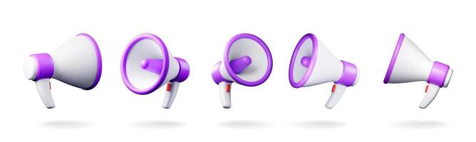 3D set of megaphone isolated on white background. Render collection of plastic megaphone realistic. Modern bullhorn or loudspeaker. Announcement message, marketing, job, attention vector