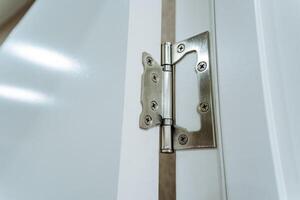 This closeup image showcases a meticulously crafted door hinge affixed to a pristine white door, highlighting its intricate design that ensures smooth and flawless operation when used photo