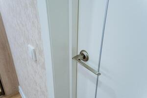 This is a detailed closeup shot of a door handle located on a pristine white door, showcasing its design and functionality. Its an important part of household hardware and security photo