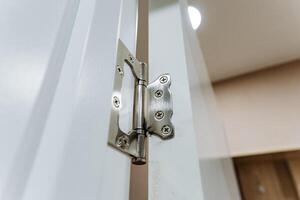 This image provides a detailed closeup view of a door hinge that is meticulously attached to a pristine white door, showcasing the intricate design and the complex mechanism of the hinge photo