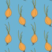 Pattern with onion on a blue background. Vegetable pattern with green onions, sprouted onions with roots vector