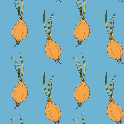 Pattern with onion on a blue background. Vegetable pattern with green onions, sprouted onions with roots