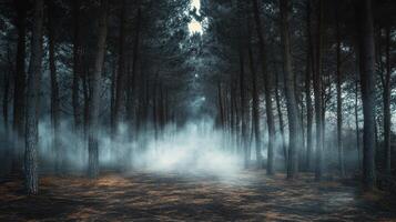 Dark Mysterious Forest Path with Fog, Spooky Woodland Scene, Eerie Atmosphere, Haunted Nature Landscape, Misty Pine Trees, Creepy Horror Background, Enchanted Foggy Forest, Fantasy Mystery Setting photo