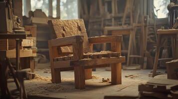 Handcrafted Wooden Chair in a Rustic Workshop, Carpentry and Woodworking Scene with Sawdust and Tools, Perfect for Craftsmanship, DIY, and Artisan Themes photo