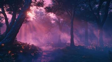 Enchanted Forest with Magical Glow and Mystical Fog, Fantasy Woodland Scene, Ethereal Light Beams, Dreamy Nature Landscape, Mysterious Twilight Atmosphere, Fantasy Background for Storytelling photo