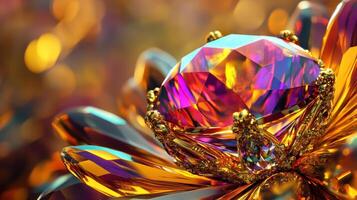 Vibrant Gemstone with Iridescent Facets in Ornate Golden Setting, Perfect for Jewelry Designs, Luxury Concepts, Gemstone Art, High-End Products, and Abstract Backgrounds photo
