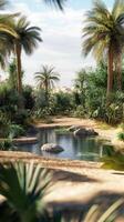 Serene Desert Oasis with Palm Trees and Clear Water, Tropical Refuge in Arid Landscape, Tranquil Greenery and Rocks, Nature Escape, Peaceful Paradise, Relaxing Travel Destination photo