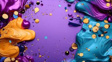 Vibrant Abstract Background with Colorful Paint Strokes, Gold Glitter, and Confetti, Ideal for Creative Designs, Event Invitations, Digital Art Projects, Social Media Posts, and Party Themes photo