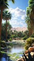 Tranquil Oasis with Palm Trees and Reflective Water in Desert Landscape, Scenic Tropical Paradise, Nature Getaway, Remote Desert Oasis, Relaxing Greenery Under Blue Sky photo