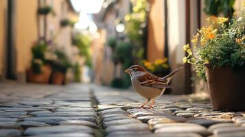 Sparrow on a Cobblestone Street, Nature and Urban Harmony, Rustic Village Scene, Wildlife Photography, Travel Inspiration, Morning Light, Birds in Urban Environments photo