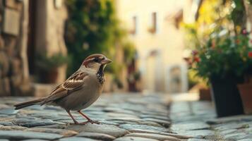 Sparrow on a Picturesque Cobblestone Street, Nature Meets Urban Charm, Village Life Scene, Wildlife in Quaint Towns, Morning Serenity, Closeup of Bird in Blooming Surroundings photo