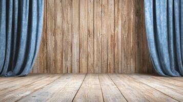 Rustic Wooden Stage with Light Blue Curtains and Warm Lighting photo