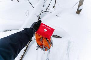 A person is holding a bright red first aid kit firmly in their hand as they stand in the deep, glistening snow, surrounded by a winter landscape that is both beautiful and harsh photo