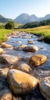 A stream of water flows between large rocks. The rocks are scattered throughout the stream, with some larger and some smaller. The water is clear and calm, and the rocks create a peaceful photo