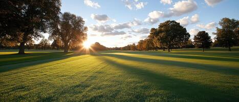 A large field of grass with trees in the background. The sun is setting and casting a warm glow over the grass photo