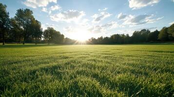 A large, open field of grass with a bright sun shining down on it. The sky is clear and blue, and there are no clouds in sight. The grass is lush and green photo