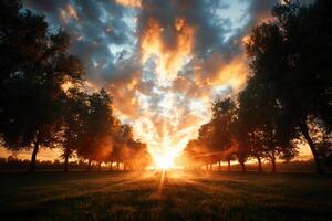 A beautiful sunset over a field of trees with the sun shining through the trees. The sky is filled with clouds and the sun is setting in the distance photo
