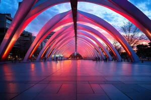 A large archway with a red and orange glow. The archway is lit up and he is a part of a large building. The scene is set in a city at dusk photo