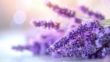 A bunch of purple lavender flowers are arranged on a table. The flowers are in full bloom and are arranged in a way that they look like they are in a vase. Concept of calmness and relaxation photo