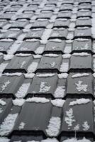 This striking black and white photo beautifully captures a snowcovered roof, skillfully emphasizing the stark contrasting colors and intricate textures of a tranquil winter scene