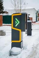 A parking meter stands visibly under the harsh winter conditions, marked with a distinct green arrow, indicating availability despite the ongoing snowfall and freezing temperatures photo