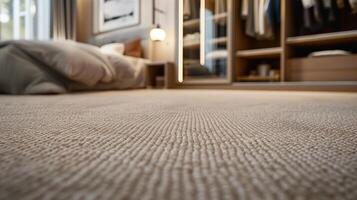 Cozy bedroom with soft carpet and modern open wardrobe in warm lighting photo