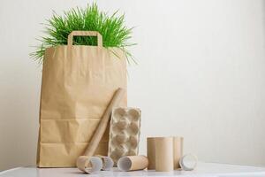 A paper bag with green grass stands on a white table. Household waste rollers made of cardboard photo