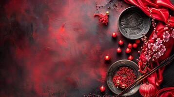 Elegant red-chinese new year celebration background with asian decor elements photo