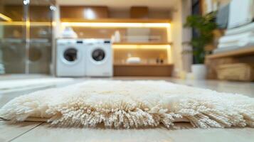 Modern laundry room with cozy carpet and washing machines photo