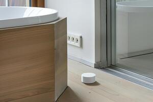 Modern bathroom with smart home device near stylish wooden bathtub for home automation and technology integration photo
