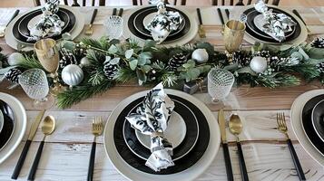 Elegant holiday table setting with gold accents and pine decorations photo