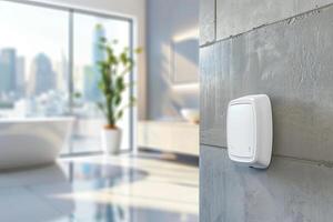 Smart home innovation with modern thermostat in bright bathroom setting photo