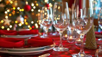 Elegant holiday dining table with glassware and festive decorations photo
