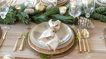 Elegant christmas table setting with rustic decor and gold cutlery photo