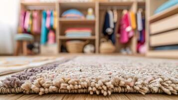 Cozy bedroom with plush carpet and colorful wardrobe background photo
