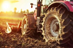 Red tractor plowing sunlit field at sunset photo